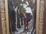 a painting of a woman walking down a path in the woods