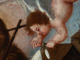 an image of a painting of a baby on a roof next to a dog