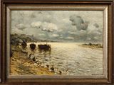 une image représentant un tableau montrant des bateaux sur l'eau près d'une rive
