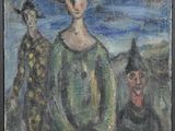 painting of a woman in a green dress and a man in a black hat