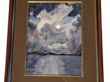 a painting of a cloudy sky over a body of water