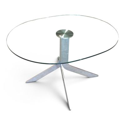 an image of a glass table with a metal base on a white background