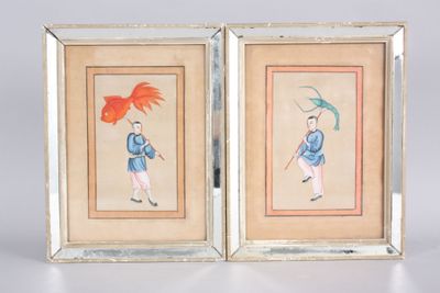 two framed paintings of a man and a woman with umbrellas