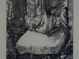 un dessin en noir et blanc représentant une femme assise sur un lit