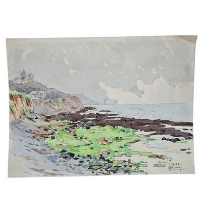 une image représentant un tableau d'un phare sur une plage rocheuse