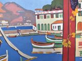 a painting of boats on the water in a harbor