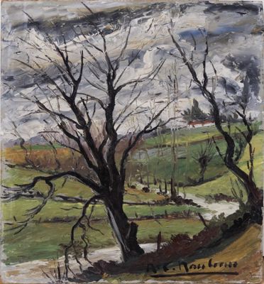 a painting of a tree in a field with a river in the foreground