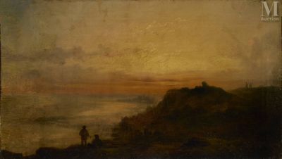 a painting of two people standing on a hill with a sunset in the background