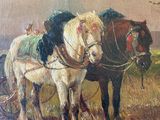 painting of two horses pulling a plow in a field