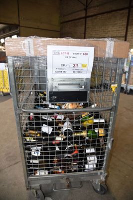 a cart full of bottles of wine in a warehouse