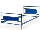 the bed frame is made of metal and has a blue color