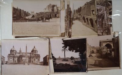 several old black and white photos of a building and a horse