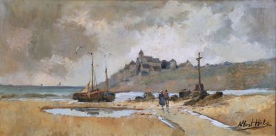 painting of people walking on a beach with boats in the water