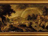 une image représentant un tableau représentant un paysage avec un arc-en-ciel dans le ciel