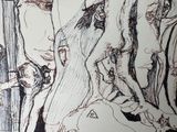 a drawing of a group of people on a bus