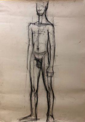 un dessin représentant un homme debout devant un fond blanc