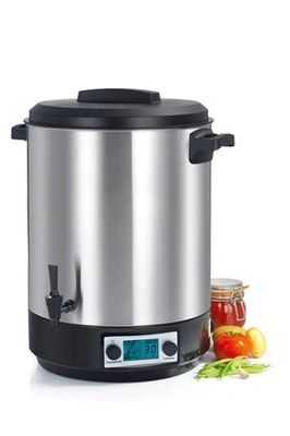 an image of a stainless steel electric rice cooker next to a jar of jam