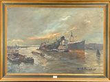 painting of a large ship in a harbor with other boats in the water