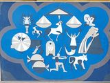 une image représentant des personnes et des animaux sur fond bleu