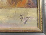 an oil painting of a woman with a hat on a beach