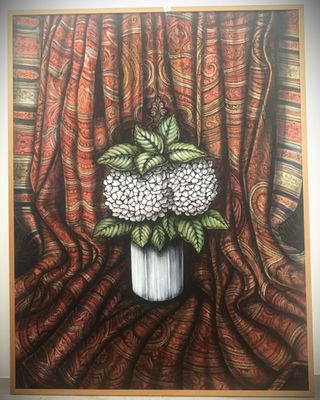 painting of a vase of flowers on a red curtain
