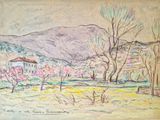 dessin représentant un paysage avec une maison et des arbres au premier plan