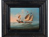 an oil painting of two boats in the ocean with a flag flying above them