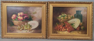 two paintings of fruit in a basket and a vase on a table