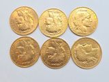 six gold sovereigns of different sizes and shapes on a white surface