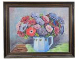an oil painting of a vase of flowers on a table