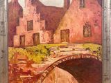 an oil painting of a bridge over a river with a building in the background
