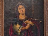 an old painting of a woman holding a sword in her right hand
