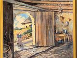 an oil painting of a man standing in a doorway of a building