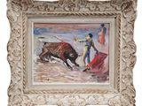 tableau représentant un taureau et un homme portant une cape rouge, dans un cadre blanc