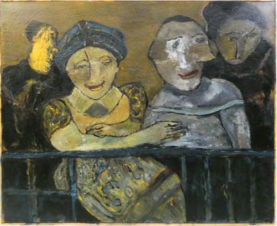 an oil painting of three people sitting at a table with a dog