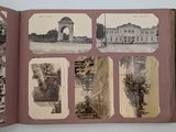an open book with old photos of buildings and trees