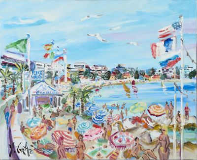 une peinture de personnes sur la plage avec des parasols