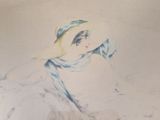 painting of a woman in a white hat and blue scarf