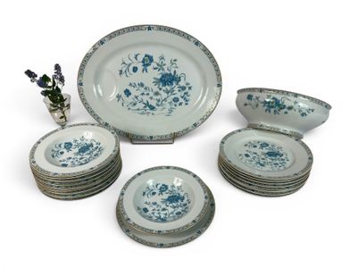 a group of blue and white plates and bowls on a table