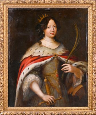 une peinture à l'huile représentant une femme coiffée d'une couronne et tenant une épée