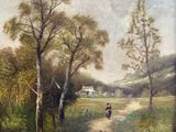 painting of a woman walking down a dirt road in a wooded area