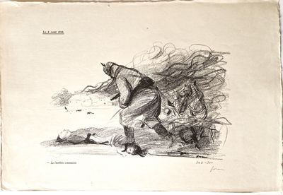 un vieux dessin représentant un homme avec un cheval et un chien