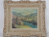 a painting of a landscape with a river and mountains in the background