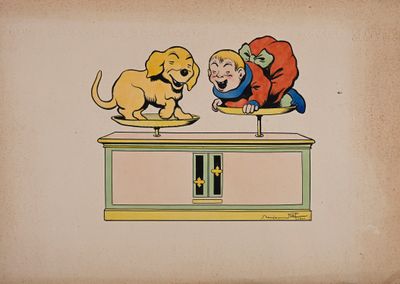 une image représentant un dessin d'un garçon et d'un chien sur une table