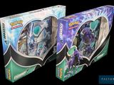 two boxes of pokemon figures are shown in a black background