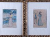 two framed pictures of a woman and a man on the beach