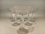 six wine glasses lined up on a table