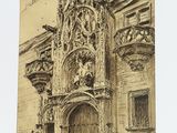 drawing of a drawing of a building with a clock on the front of it