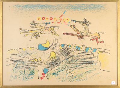 drawing of a group of people on skis flying through the air