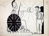 drawing of a cartoon of a man and a woman in front of a wheel
